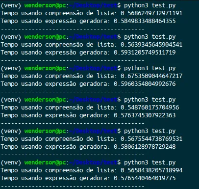 Seis execuções do script com os tempos de cada abordagem
